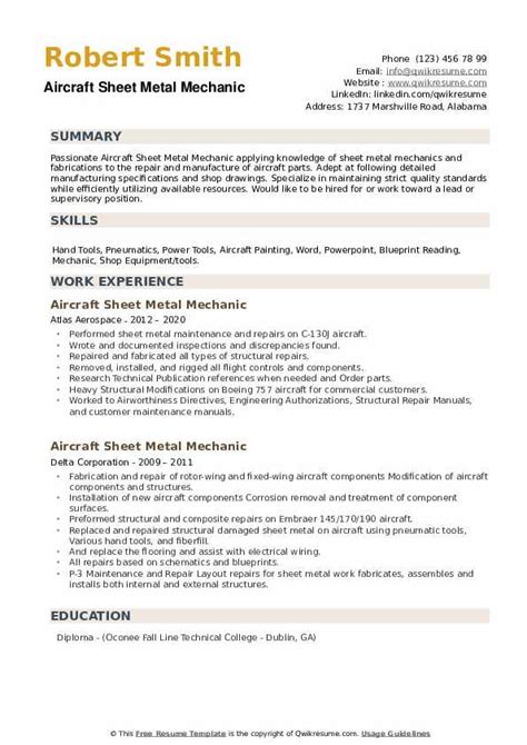 Aircraft Sheet Metal Mechanic Resume Examples & Samples for 